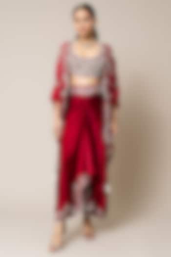 Burgundy Satin Hand Embroidered Pick-Up Skirt Set by Nupur Kanoi