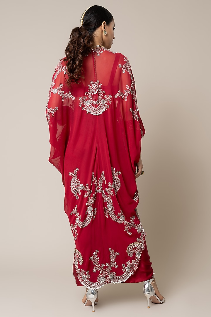 Burgundy Satin Hand Embroidered Pick-Up Skirt Set by Nupur Kanoi at Pernia's Pop Up Shop