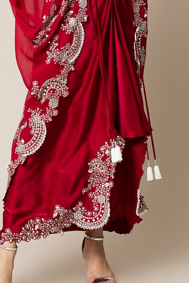 Burgundy Satin Hand Embroidered Pick-Up Skirt Set by Nupur Kanoi at Pernia's Pop Up Shop