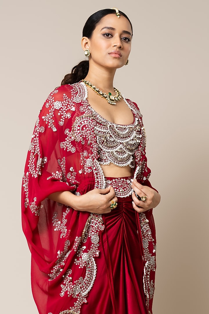 Burgundy Satin Hand Embroidered Pick-Up Skirt Set by Nupur Kanoi at Pernia's Pop Up Shop