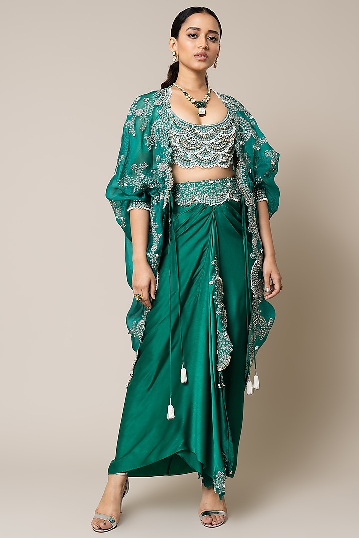 Sea Green Satin Hand Embroidered Pick-Up Skirt Set by Nupur Kanoi at Pernia's Pop Up Shop