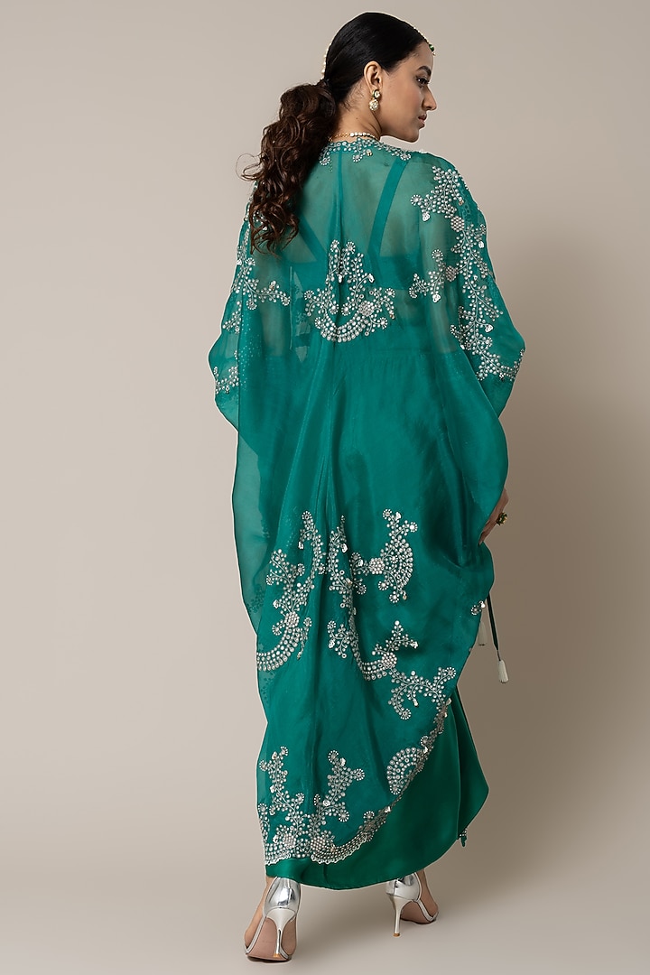 Sea Green Satin Hand Embroidered Pick-Up Skirt Set by Nupur Kanoi at Pernia's Pop Up Shop
