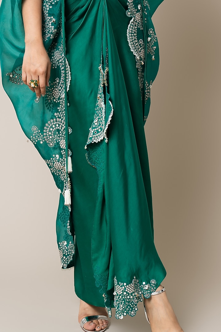 Sea Green Satin Hand Embroidered Pick-Up Skirt Set by Nupur Kanoi at Pernia's Pop Up Shop