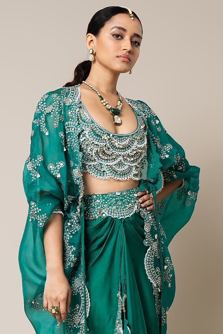 Sea Green Satin Hand Embroidered Pick-Up Skirt Set by Nupur Kanoi at Pernia's Pop Up Shop