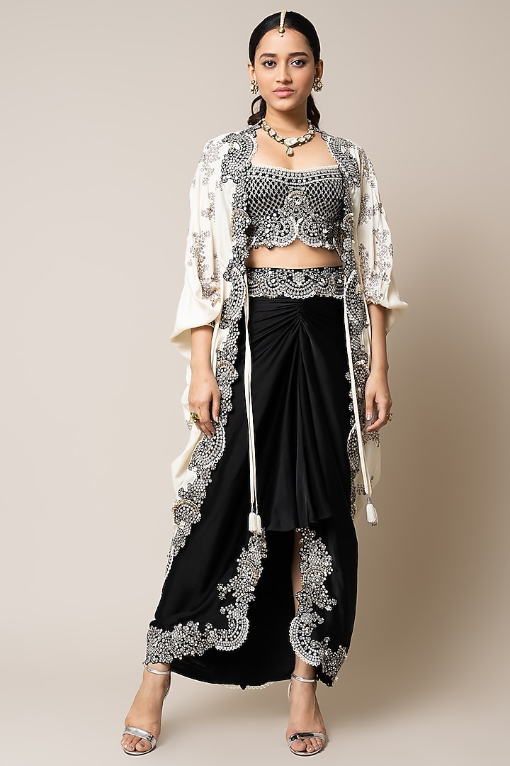 Black Satin Hand Embroidered Pick-Up Skirt Set by Nupur Kanoi at Pernia's Pop Up Shop