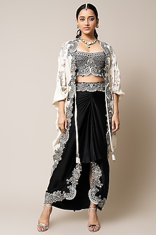 Black Satin Hand Embroidered Pick-Up Skirt Set by Nupur Kanoi