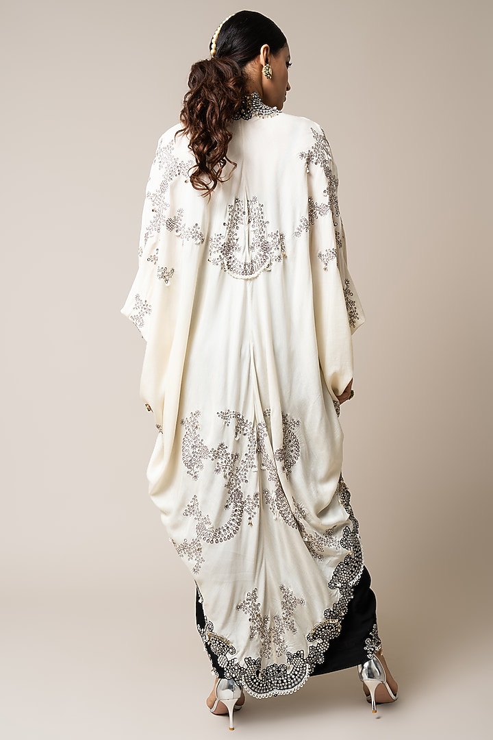 Black Satin Hand Embroidered Pick-Up Skirt Set by Nupur Kanoi at Pernia's Pop Up Shop