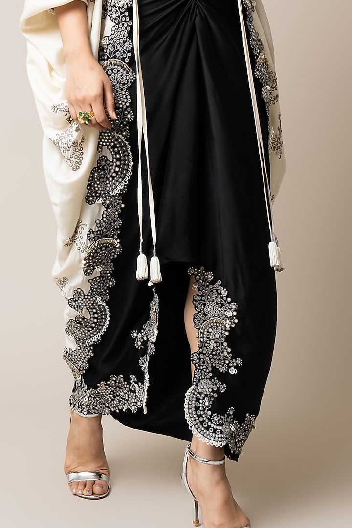 Black Satin Hand Embroidered Pick-Up Skirt Set by Nupur Kanoi at Pernia's Pop Up Shop