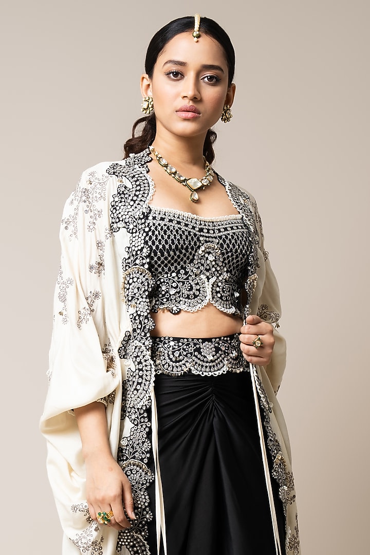 Black Satin Hand Embroidered Pick-Up Skirt Set by Nupur Kanoi at Pernia's Pop Up Shop
