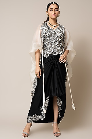 Black Satin Hand Embroidered Pick-Up Skirt Set by Nupur Kanoi