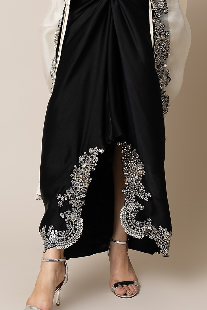 Black Satin Hand Embroidered Pick-Up Skirt Set by Nupur Kanoi at Pernia's Pop Up Shop