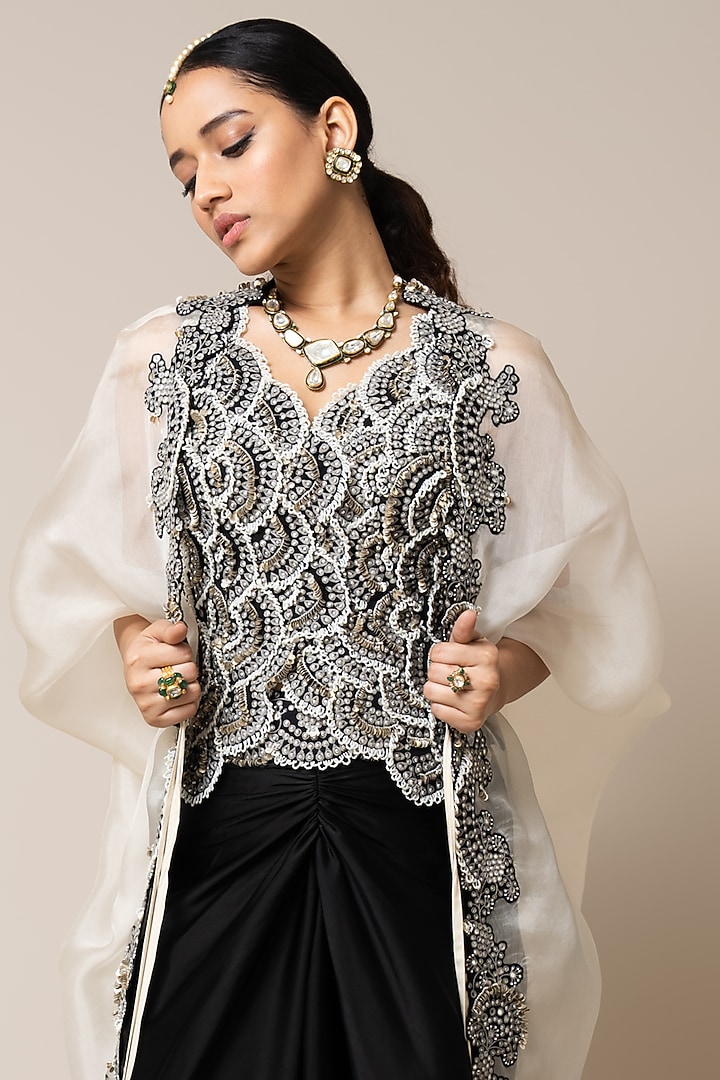 Black Satin Hand Embroidered Pick-Up Skirt Set by Nupur Kanoi at Pernia's Pop Up Shop