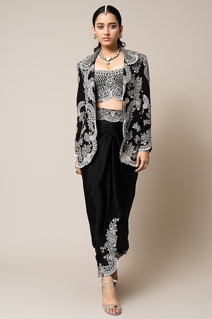 Black Crepe Hand Embroidered Blazer Set by Nupur Kanoi at Pernia's Pop Up Shop