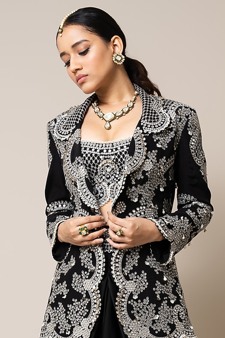Black Crepe Hand Embroidered Blazer Set by Nupur Kanoi at Pernia's Pop Up Shop