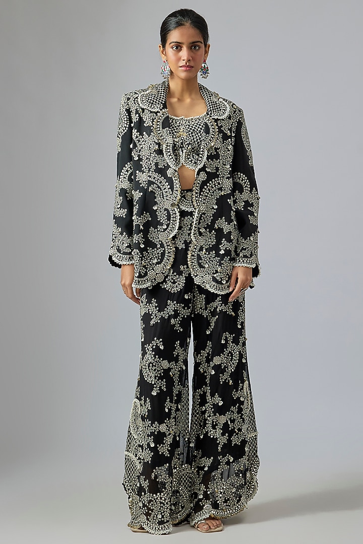 Black Georgette Hand Embroidered A-Line Pant Set by Nupur Kanoi at Pernia's Pop Up Shop