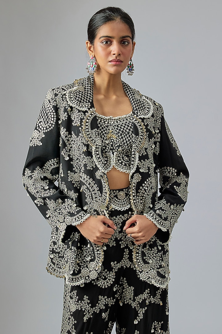 Black Georgette Hand Embroidered A-Line Pant Set by Nupur Kanoi at Pernia's Pop Up Shop