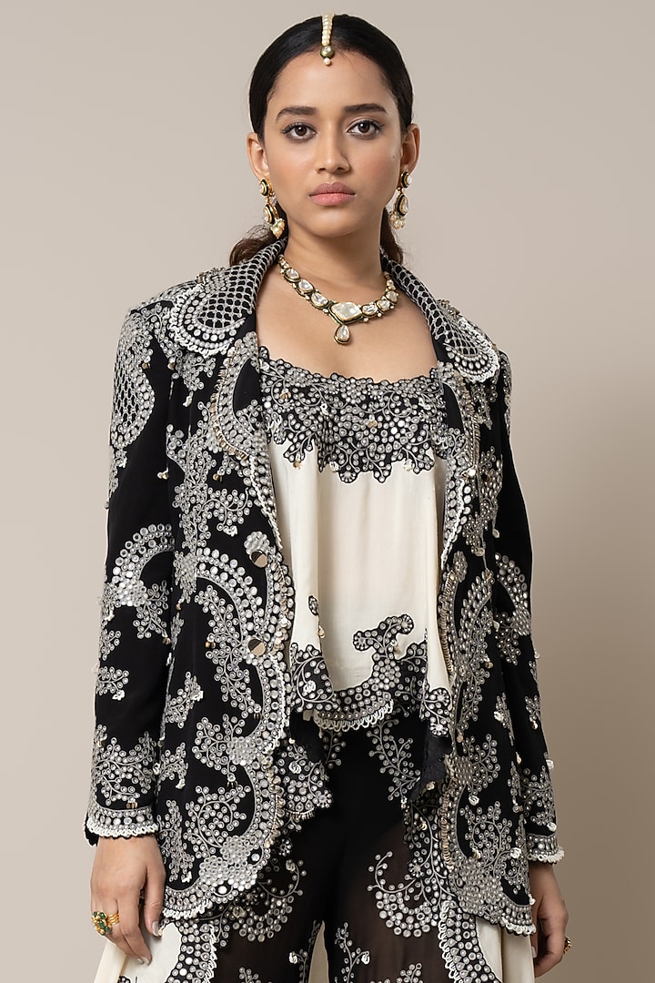 Black Crepe Hand Embroidered Blazer Set by Nupur Kanoi at Pernia's Pop Up Shop