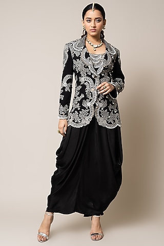 Black Satin Hand Embroidered Sack Dress With Blazer by Nupur Kanoi