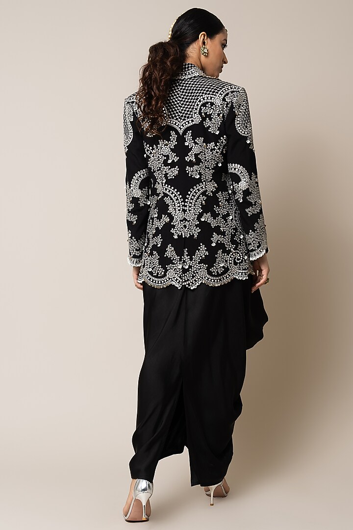 Black Satin Hand Embroidered Sack Party Wear Dress With Blazer by Nupur Kanoi at Pernia's Pop Up Shop