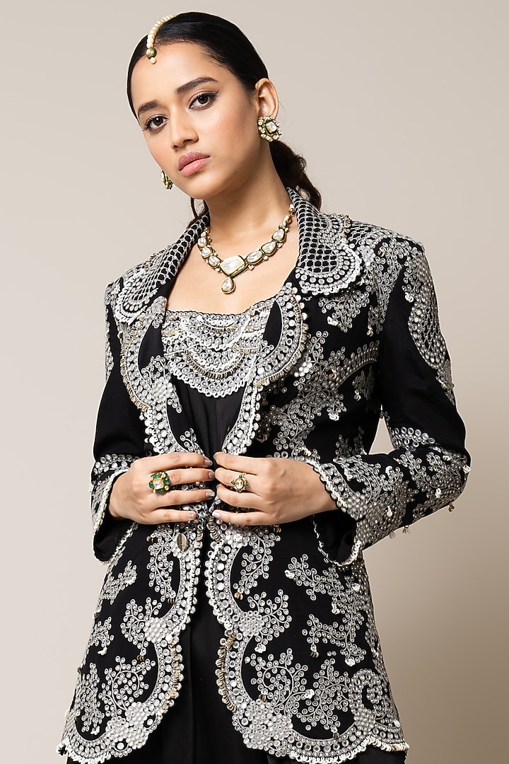 Black Satin Hand Embroidered Sack Party Wear Dress With Blazer by Nupur Kanoi at Pernia's Pop Up Shop