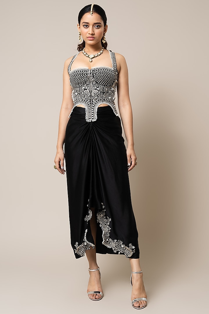 Black Satin Hand Embroidered Pick-Up Skirt Set by Nupur Kanoi at Pernia's Pop Up Shop