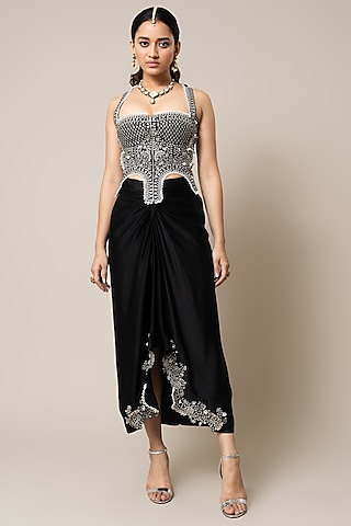 Black Satin Hand Embroidered Pick-Up Skirt Set by Nupur Kanoi
