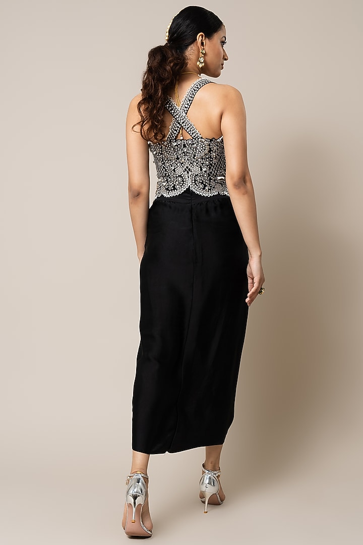 Black Satin Hand Embroidered Pick-Up Skirt Set by Nupur Kanoi at Pernia's Pop Up Shop