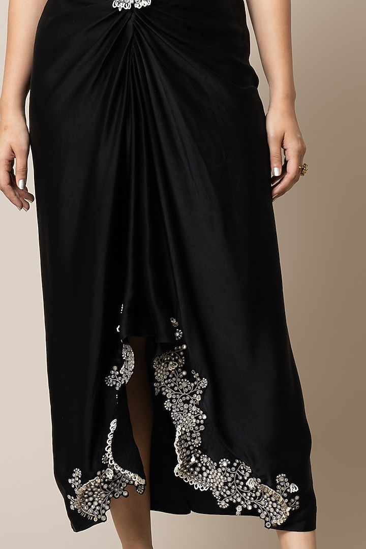 Black Satin Hand Embroidered Pick-Up Skirt Set by Nupur Kanoi at Pernia's Pop Up Shop