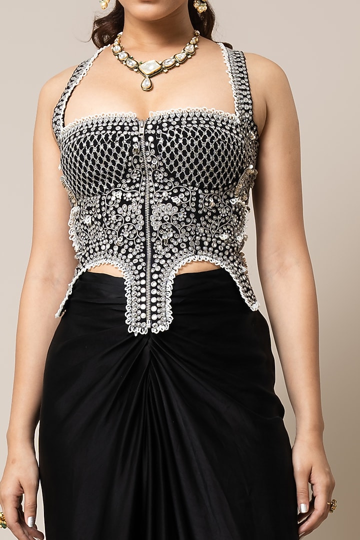 Black Satin Hand Embroidered Pick-Up Skirt Set by Nupur Kanoi at Pernia's Pop Up Shop