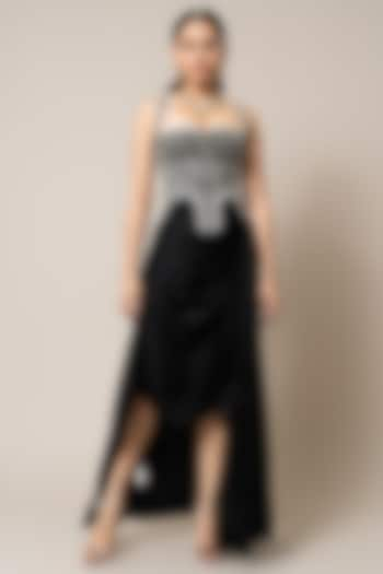 Black Satin Circular Gathered Skirt Set by Nupur Kanoi at Pernia's Pop Up Shop