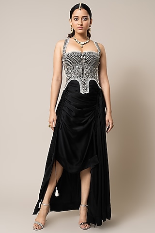 Black Satin Circular Gathered Skirt Set by Nupur Kanoi