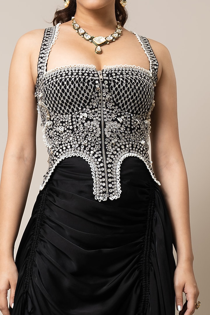 Black Satin Circular Gathered Skirt Set by Nupur Kanoi at Pernia's Pop Up Shop