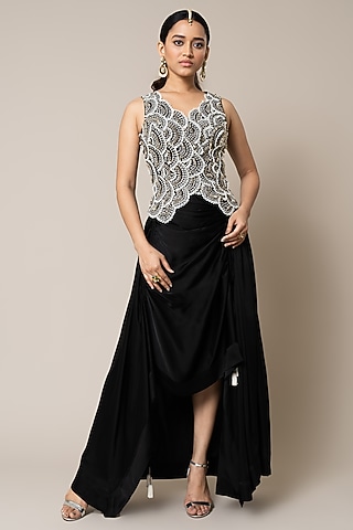 Black Satin Circular Gathered Skirt Set by Nupur Kanoi