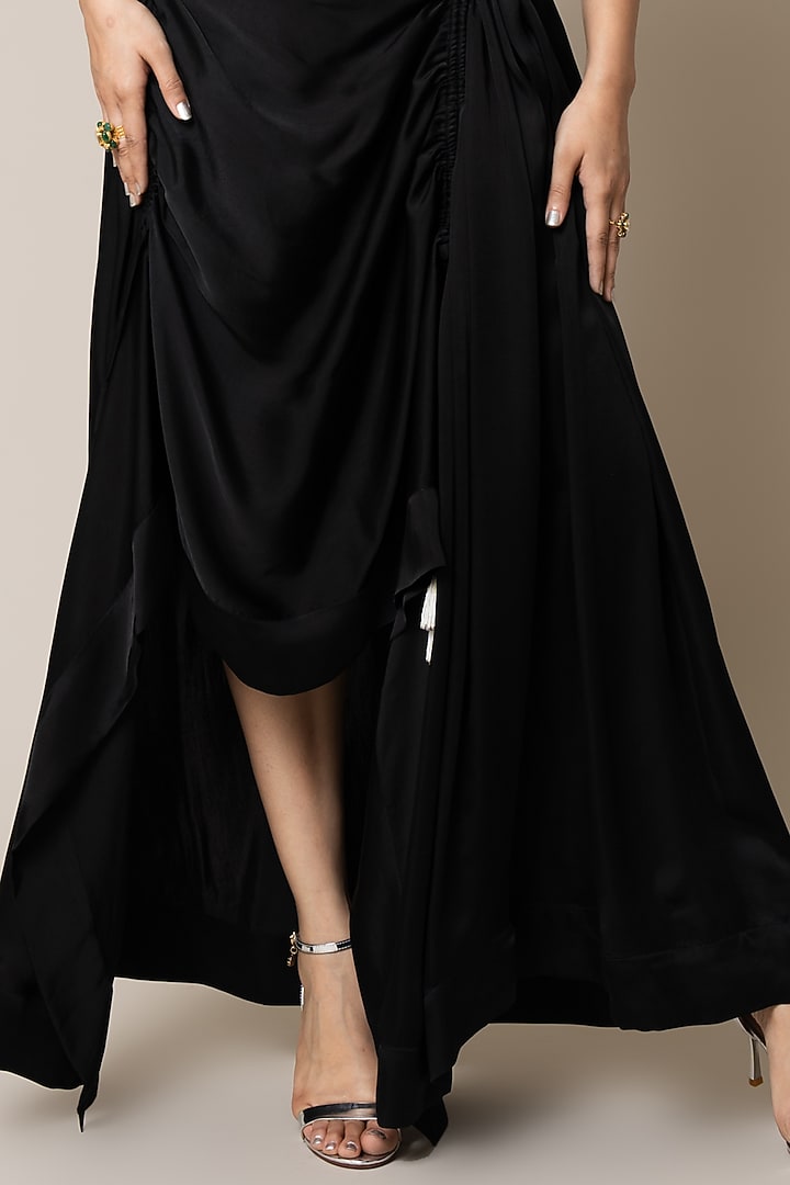 Black Satin Circular Gathered Skirt Set by Nupur Kanoi at Pernia's Pop Up Shop