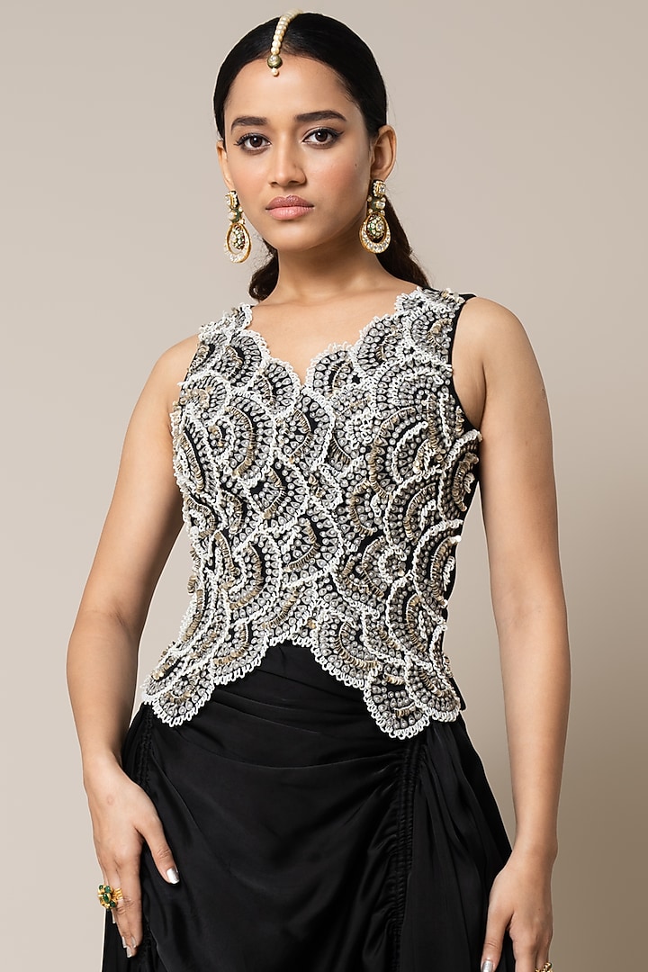 Black Satin Circular Gathered Skirt Set by Nupur Kanoi at Pernia's Pop Up Shop
