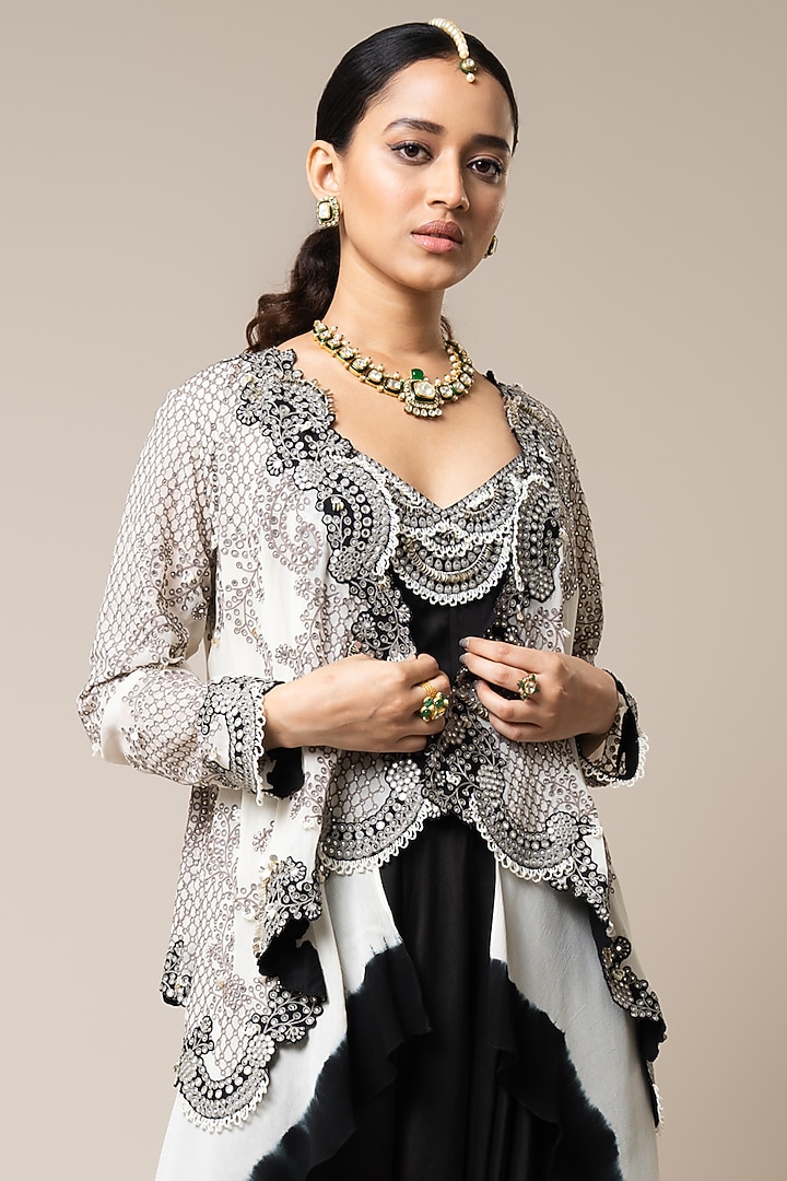 Black Satin Hand Embroidered Strappy Jumpsuit With Cape by Nupur Kanoi at Pernia's Pop Up Shop