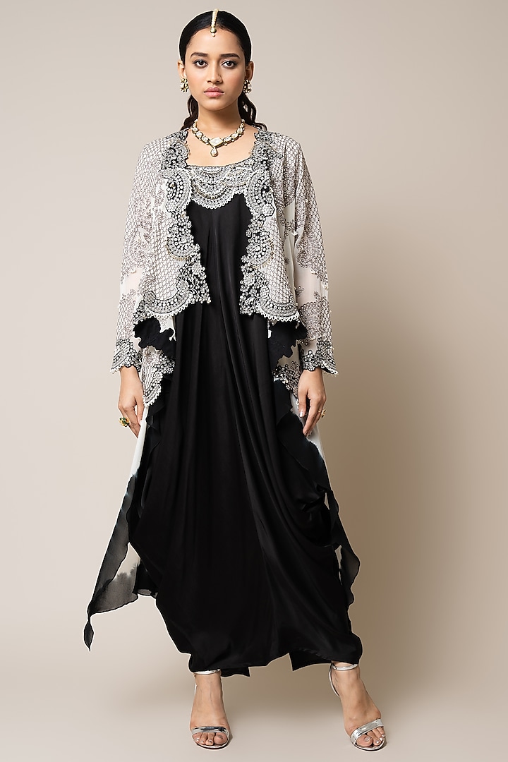 Black Satin Hand Embroidered Sack Dress With Cape by Nupur Kanoi at Pernia's Pop Up Shop