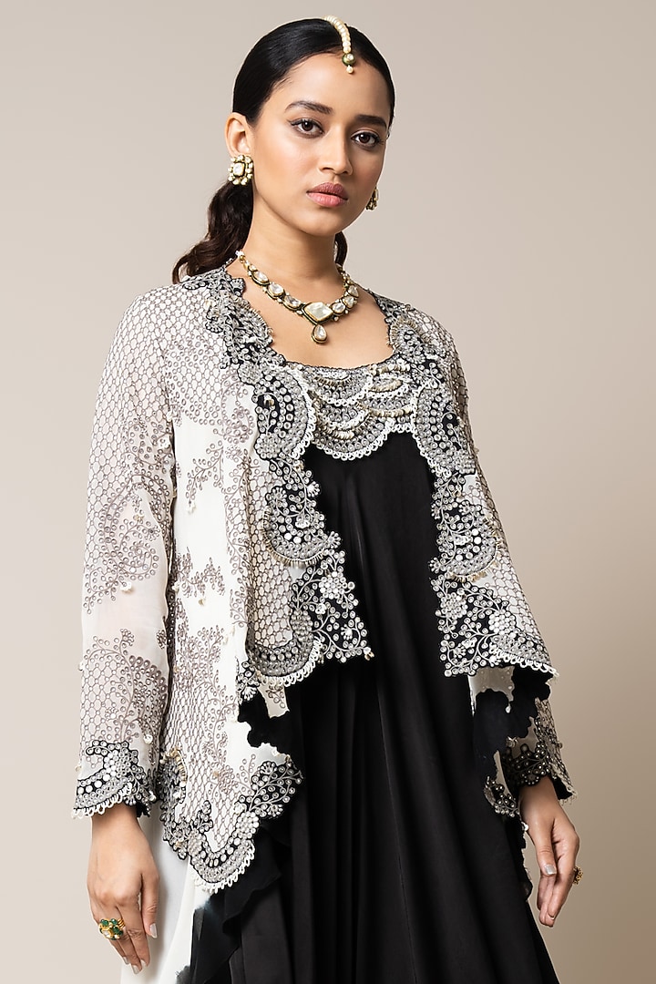 Black Satin Hand Embroidered Sack Party Wear Dress With Cape by Nupur Kanoi at Pernia's Pop Up Shop