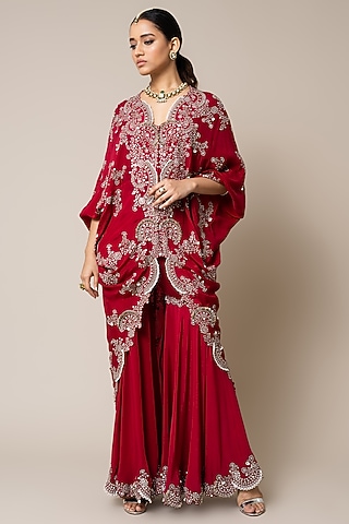 Burgundy Crepe Hand Embroidered Gharara Set by Nupur Kanoi