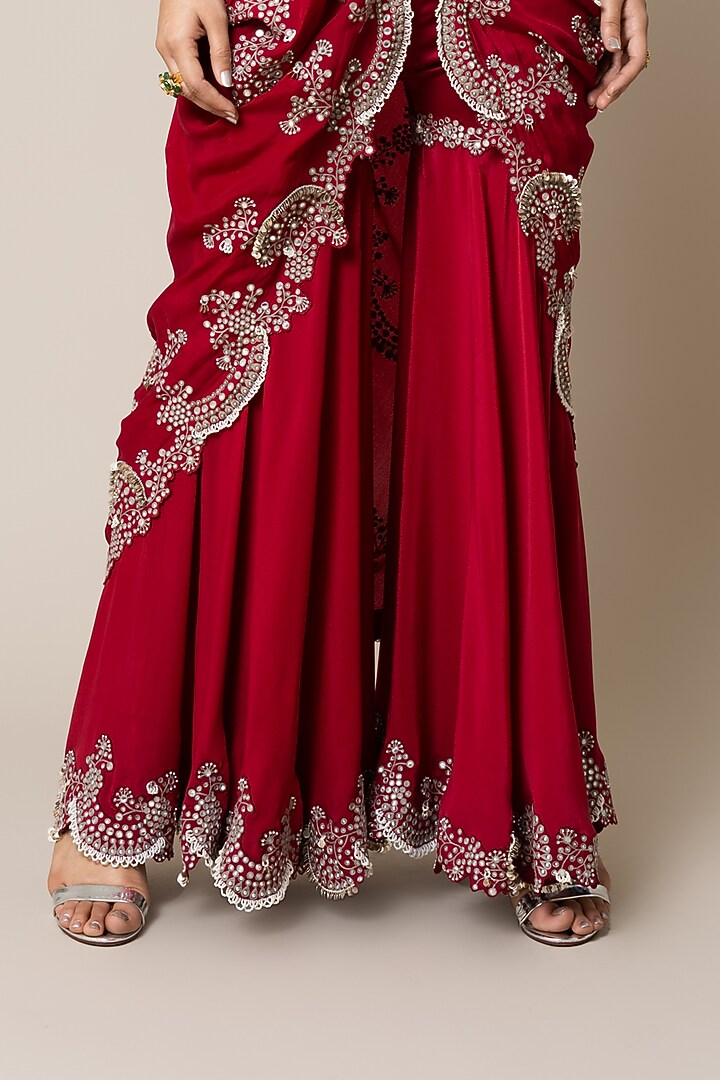 Burgundy Crepe Hand Embroidered Gharara Set by Nupur Kanoi at Pernia's Pop Up Shop