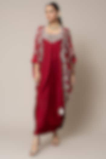 Burgundy Satin Hand Embroidered Sack Dress With Cape by Nupur Kanoi