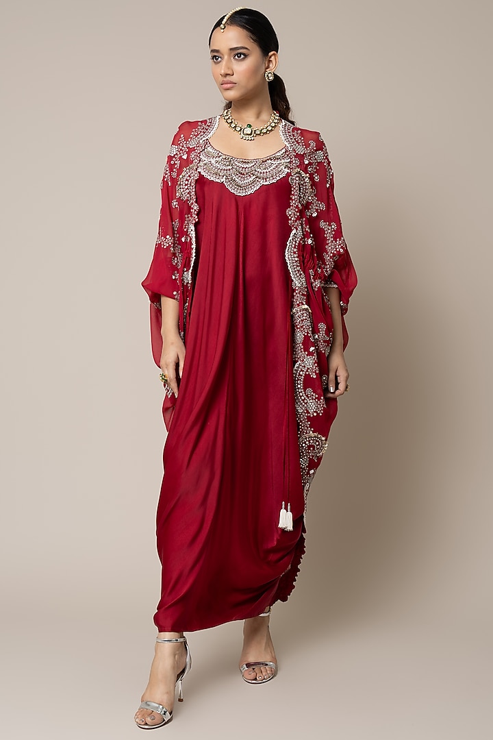 Burgundy Satin Hand Embroidered Sack Dress With Cape by Nupur Kanoi