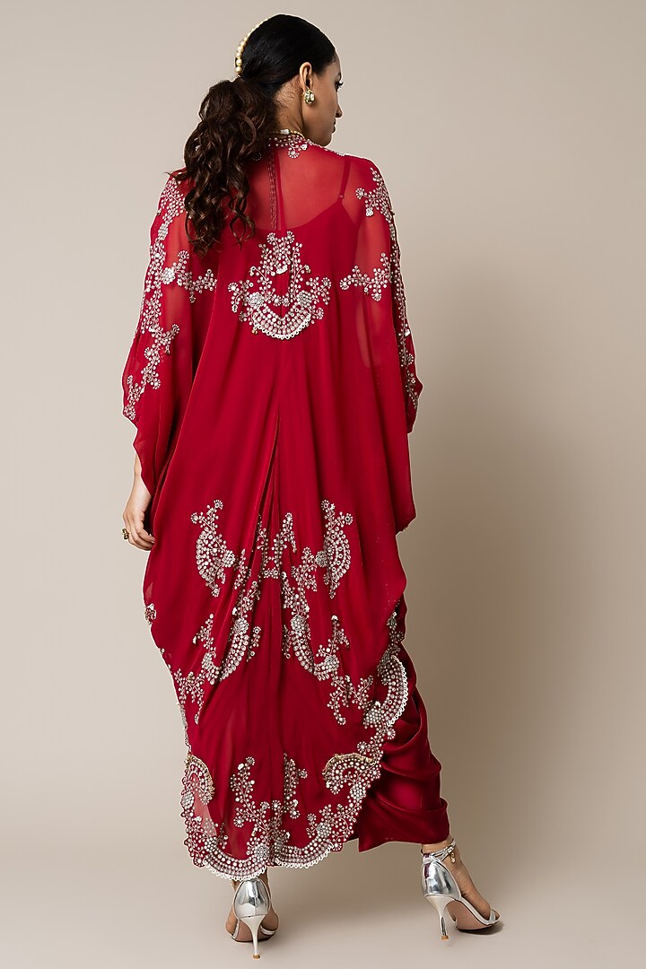 Burgundy Satin Hand Embroidered Sack Party Wear Dress With Cape by Nupur Kanoi at Pernia's Pop Up Shop