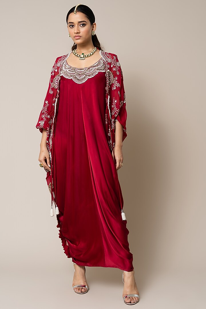Burgundy Satin Hand Embroidered Sack Party Wear Dress With Cape by Nupur Kanoi at Pernia's Pop Up Shop