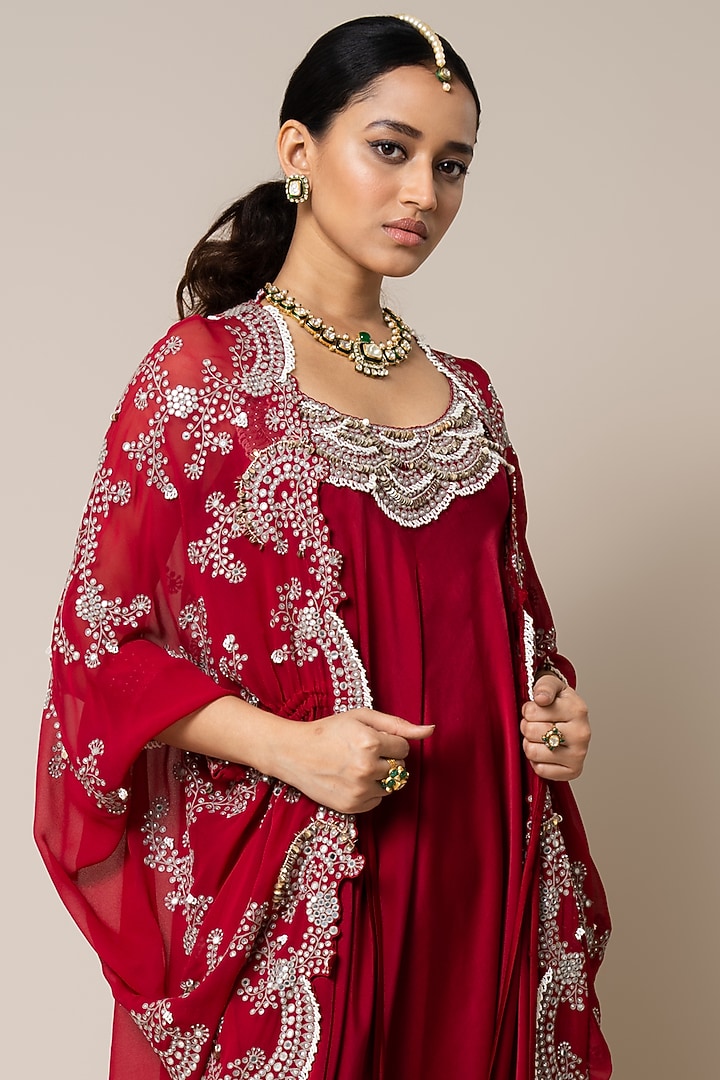 Burgundy Satin Hand Embroidered Sack Party Wear Dress With Cape by Nupur Kanoi at Pernia's Pop Up Shop