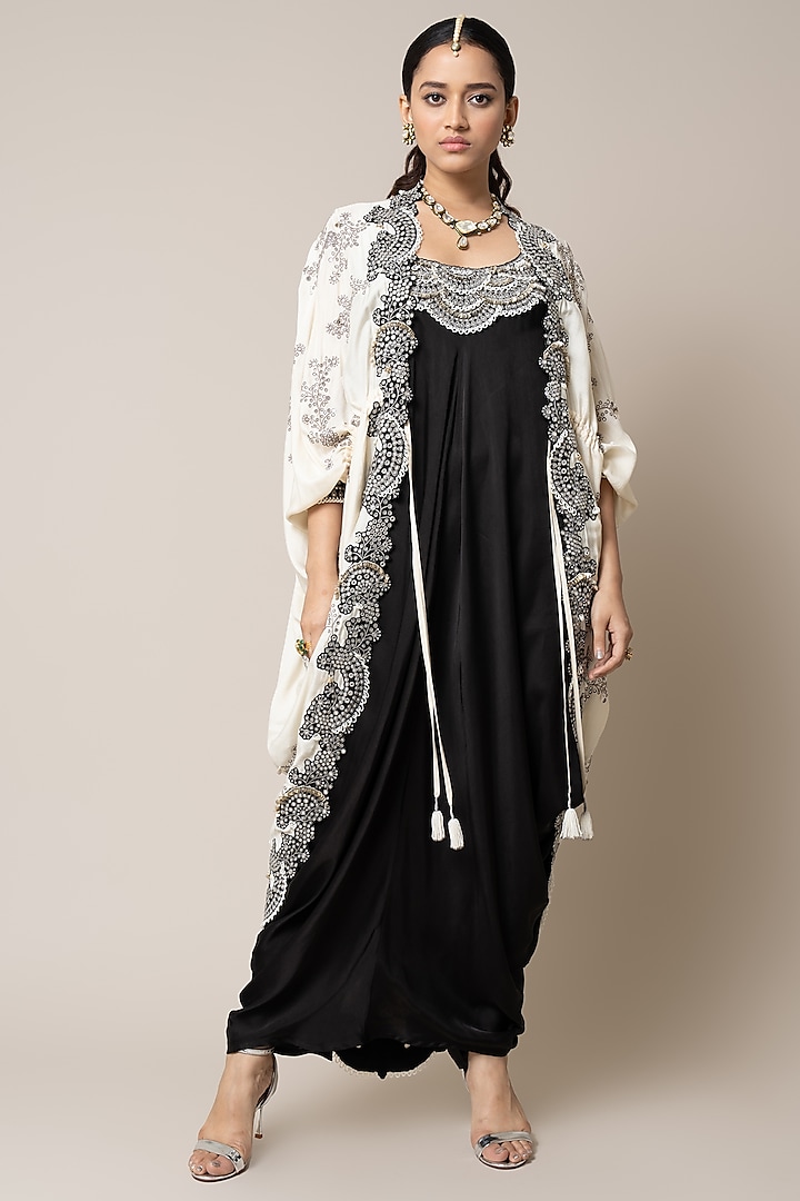 Black Satin Hand Embroidered Sack Dress With Cape by Nupur Kanoi