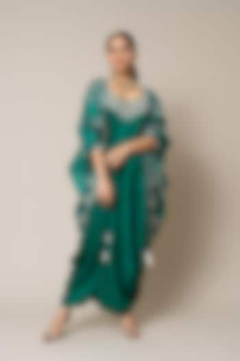 Sea Green Satin Hand Embroidered Sack Dress With Cape by Nupur Kanoi at Pernia's Pop Up Shop