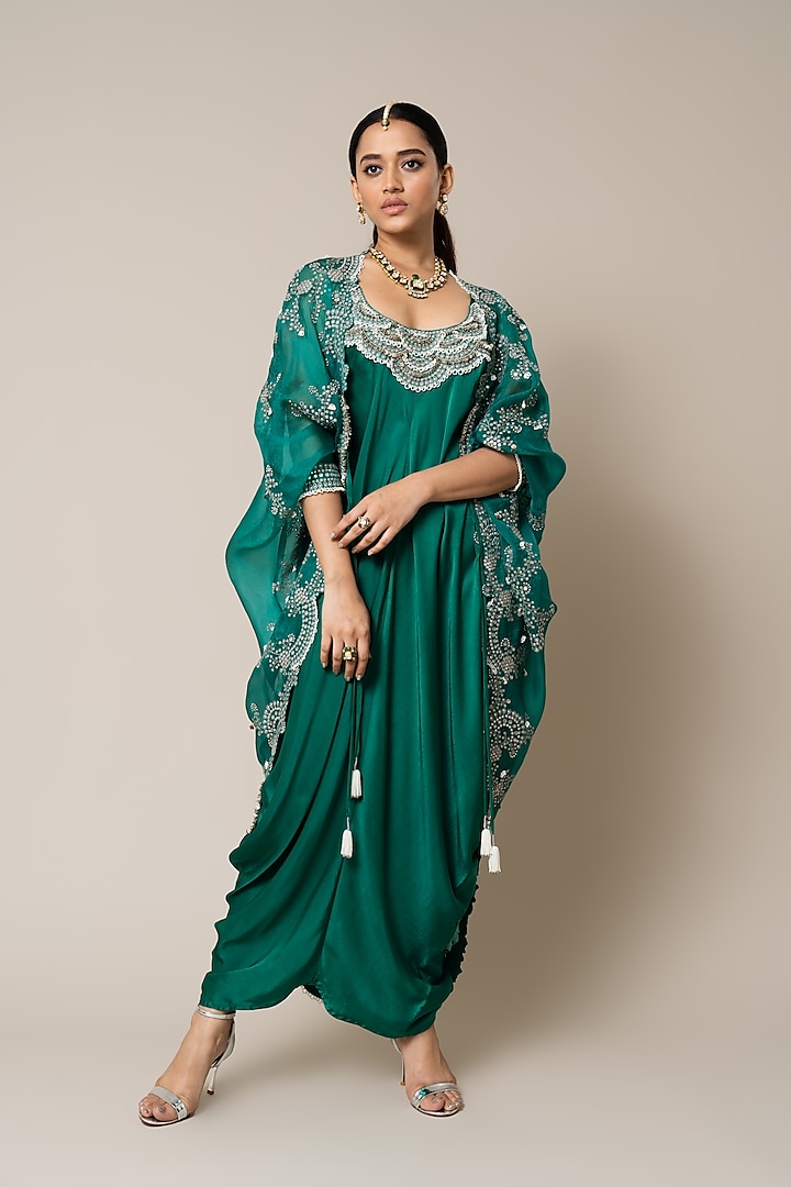 Sea Green Satin Hand Embroidered Sack Dress With Cape by Nupur Kanoi at Pernia's Pop Up Shop