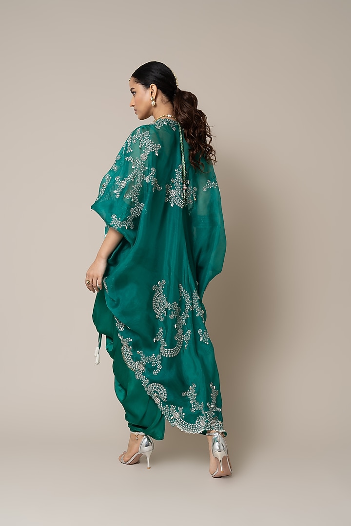 Sea Green Satin Hand Embroidered Sack Party Wear Dress With Cape by Nupur Kanoi at Pernia's Pop Up Shop