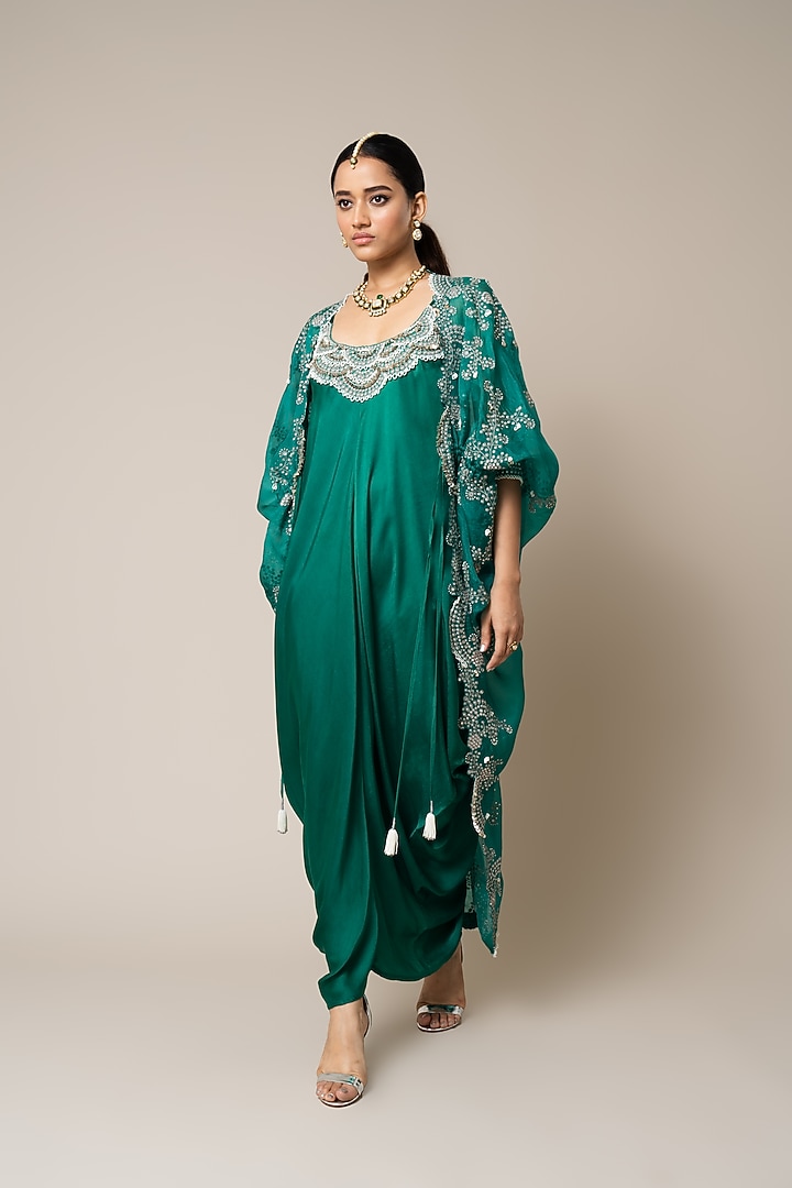 Sea Green Satin Hand Embroidered Sack Party Wear Dress With Cape by Nupur Kanoi at Pernia's Pop Up Shop